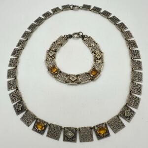 1930s antique Art Deco silver plated filigree Czech glass necklace bracelet